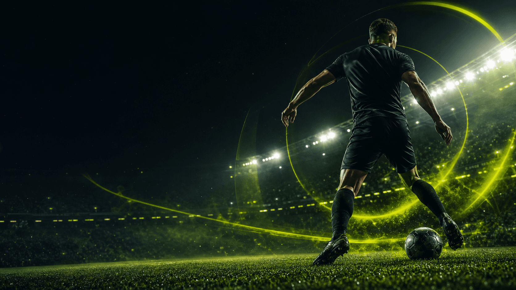 Gece stadyumunda top süren futbolcu